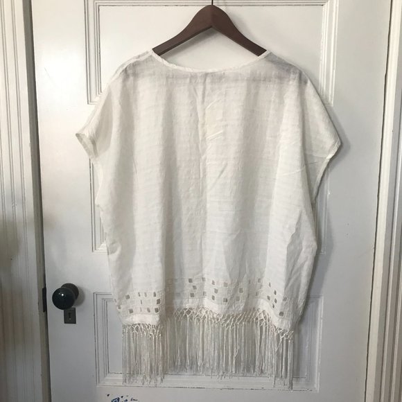 Lucky Brand Ivory Cotton Blend Eyelet Fringed Top - Picture 7 of 8